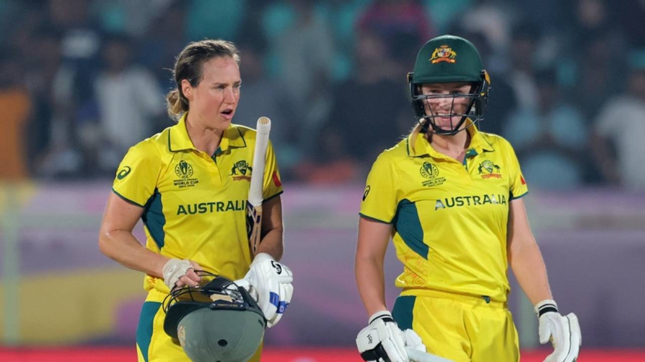 Ellyse Perry and Kim Garth walk off after Australia sealed the highest chase in women's ODI history, India vs Australia, Women's ODI World Cup, Visakhapatnam, October 12, 2025
