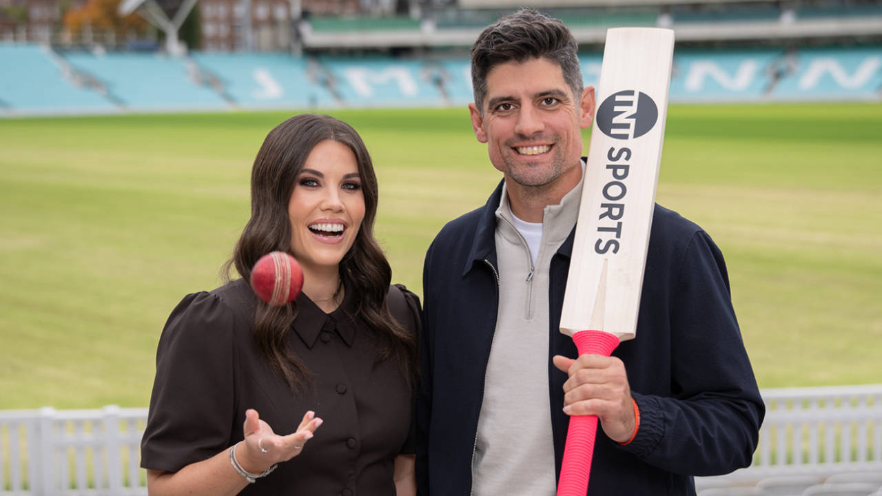 Becky Ives (presenter) and Alastair Cook (pundit) at the launch of TNT Sports' Ashes coverage, The Oval, October 14, 2025