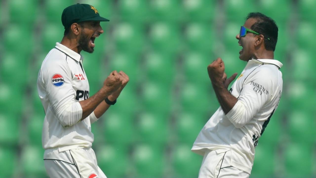 Shan Masood and Noman Ali celebrate Dewald Brevis' wicket, Pakistan vs South Africa, 1st Test, ICC World Test Championship, Lahore, Day 4, October 15, 2025
