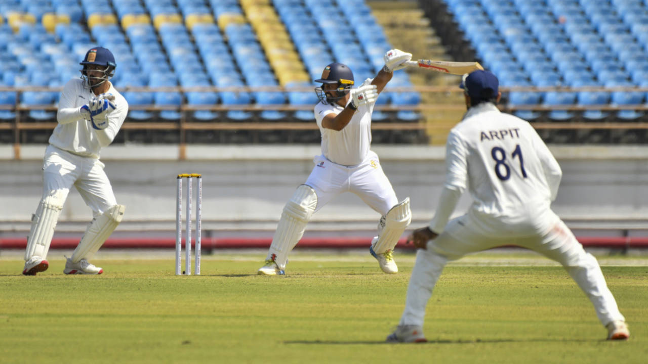 Karun Nair plays a shot, Saurasthra vs Karnataka, Ranji Trophy, 1st day, Rajkot, October 15, 2025
