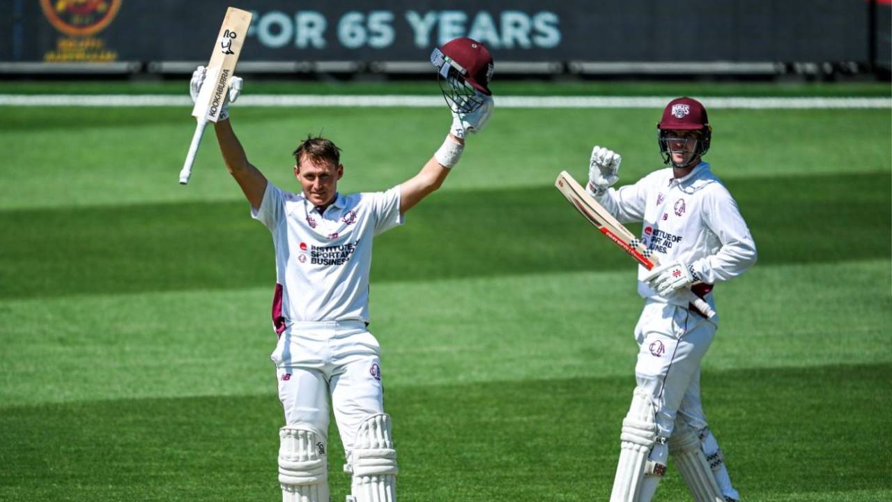 Marnus Labuschagne celebrates back-to-back Shield centuries, South Australia vs Queensland, Sheffield Shield, Adelaide Oval, October 16, 2025
