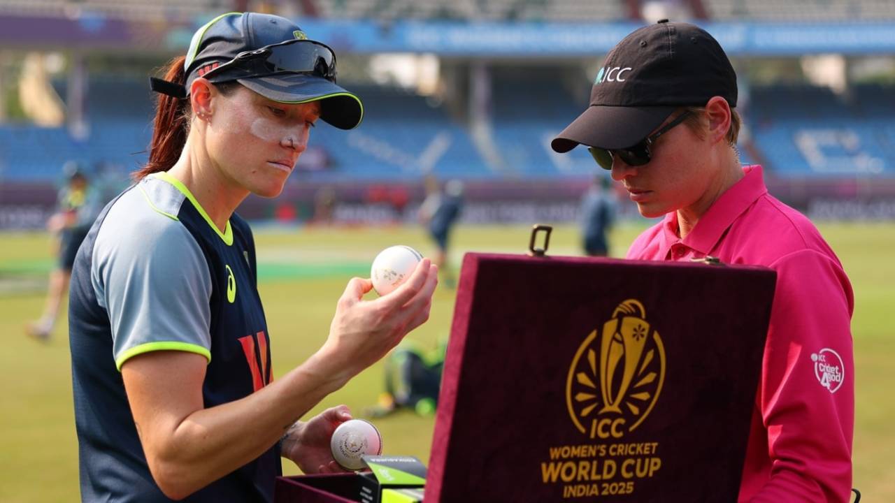 Megan Schutt picks the ball out of a set, Australia vs Bangladesh, Women's World Cup, Visakhapatnam, October 16, 2025