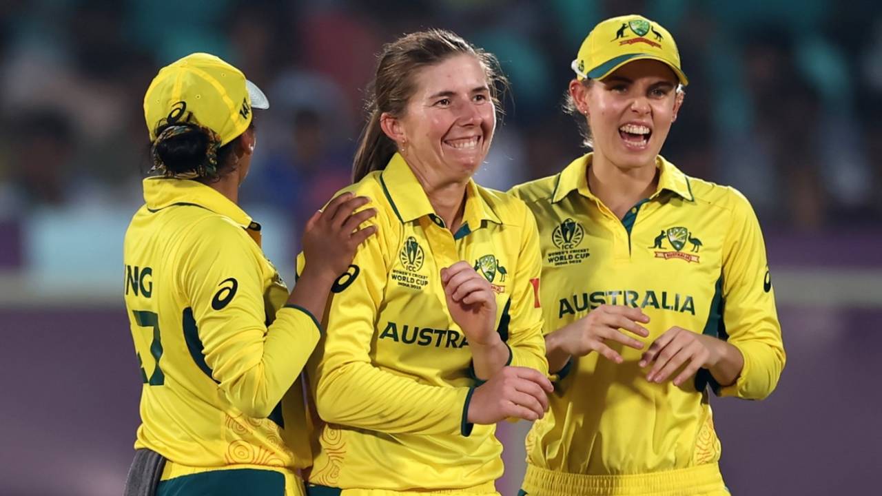 Georgia Wareham celebrates with Alana King and Phoebe Litchfield, Australia vs Bangladesh, Women's World Cup, Visakhapatnam, October 16, 2025