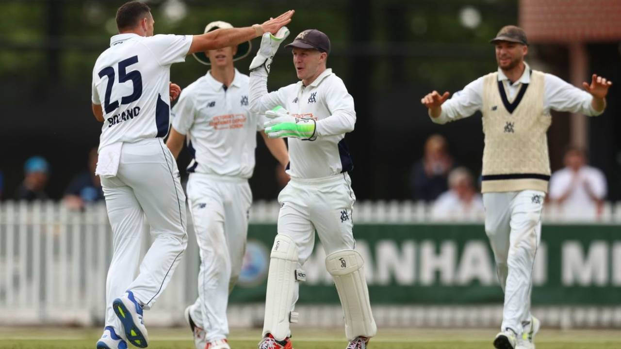 Scott Boland celebrates a wicket, Victoria vs New South Wales, Melbourne, Sheffield Shield, October 17, 2025