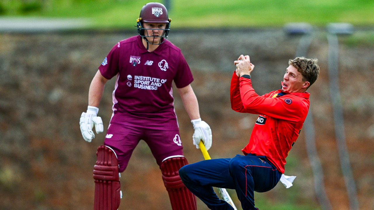 Nathan McSweeney holds a return catch, South Australia vs Queensland, One-Day Cup, Karen Rolton Oval, October 20, 2025