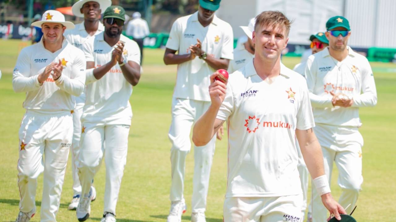Brad Evans claimed his maiden five-for in Test cricket, Zimbabwe vs Afghanistan, only Test, Harare, 1st day, October 20, 2025
