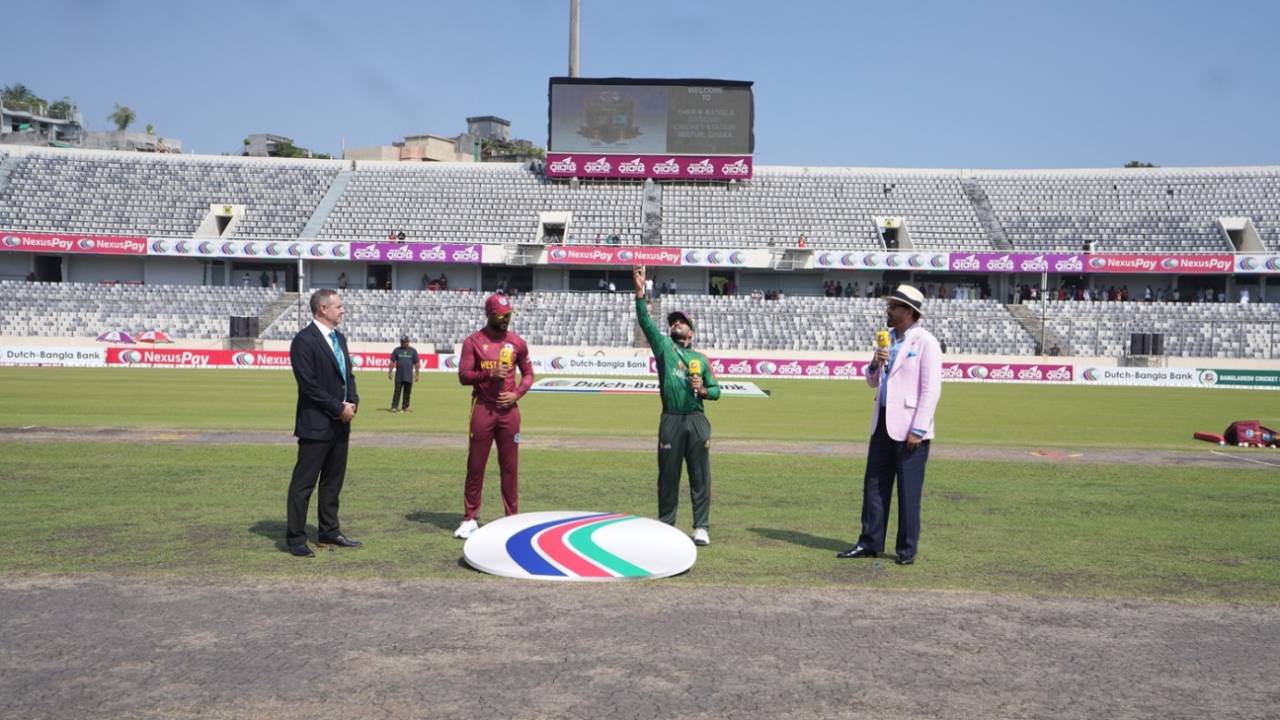 Shai Hope and Mehidy Hasan Miraz at the toss, Bangladesh vs West Indies, 2nd ODI, Mirpur, October 21, 2025