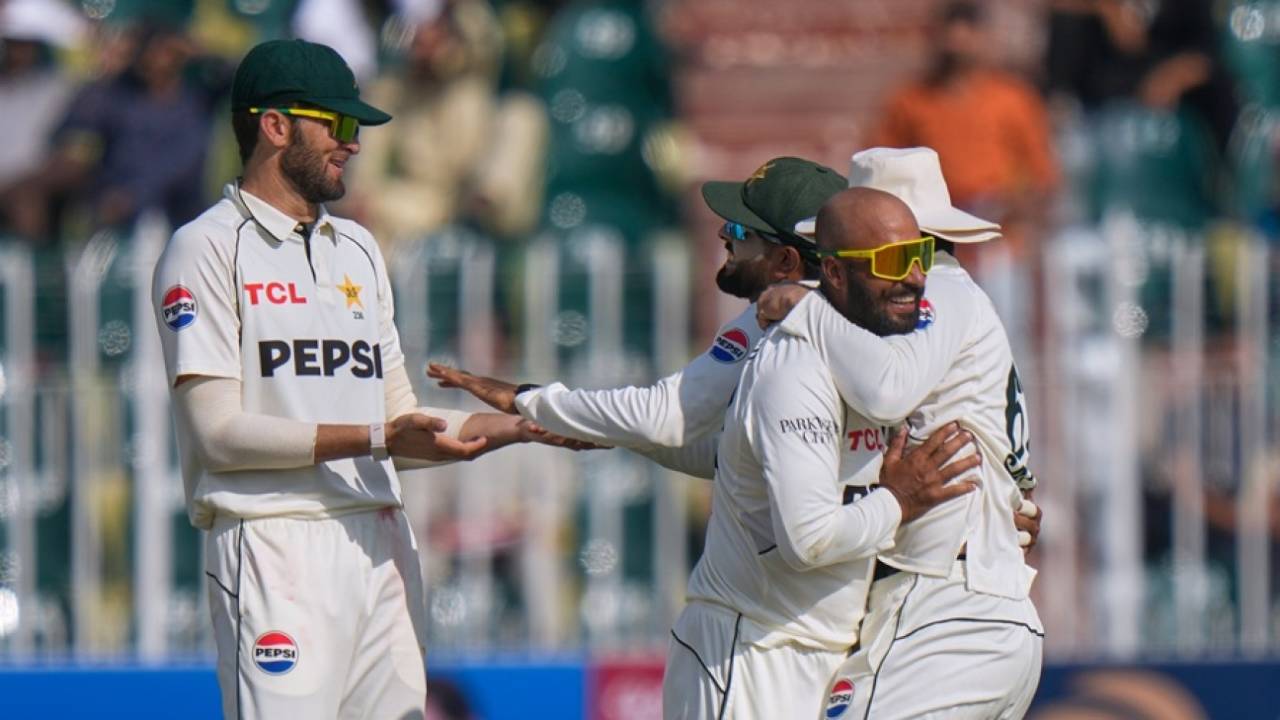 Sajid Khan is swamped by his team-mates after he dismissed Aiden Markram, Pakistan vs South Africa, 2nd Test, Rawalpindi, 2nd day, October 21, 2025