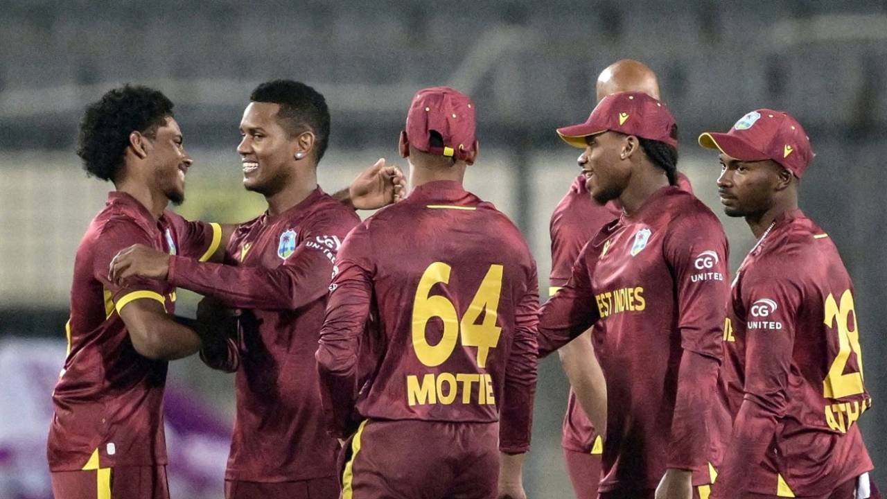 Akeal Hosein (second from left) won the game in the Super Over, Bangladesh vs West Indies, 2nd ODI, Mirpur, October 21, 2025