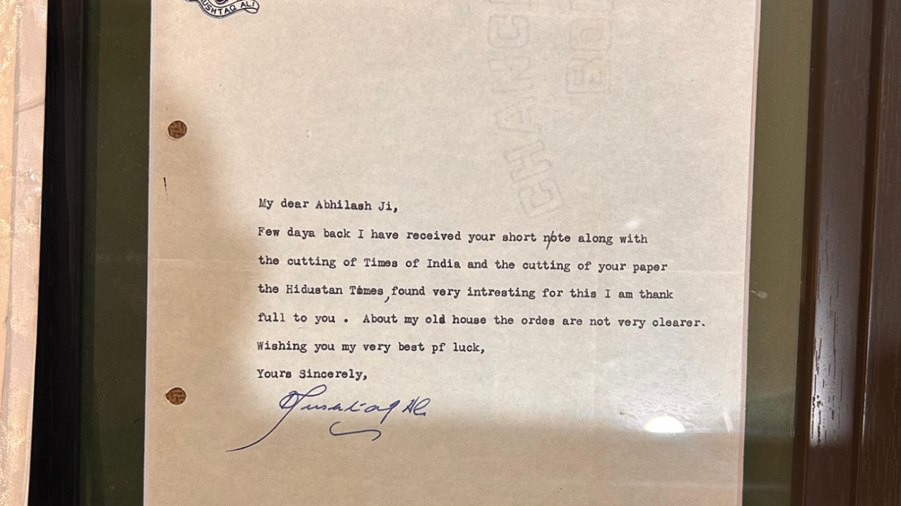 A letter of appreciation from Syed Mushtaq Ali to a journalist, as displayed at the cricket museum in Holkar Stadium, Indore, October 22, 2025