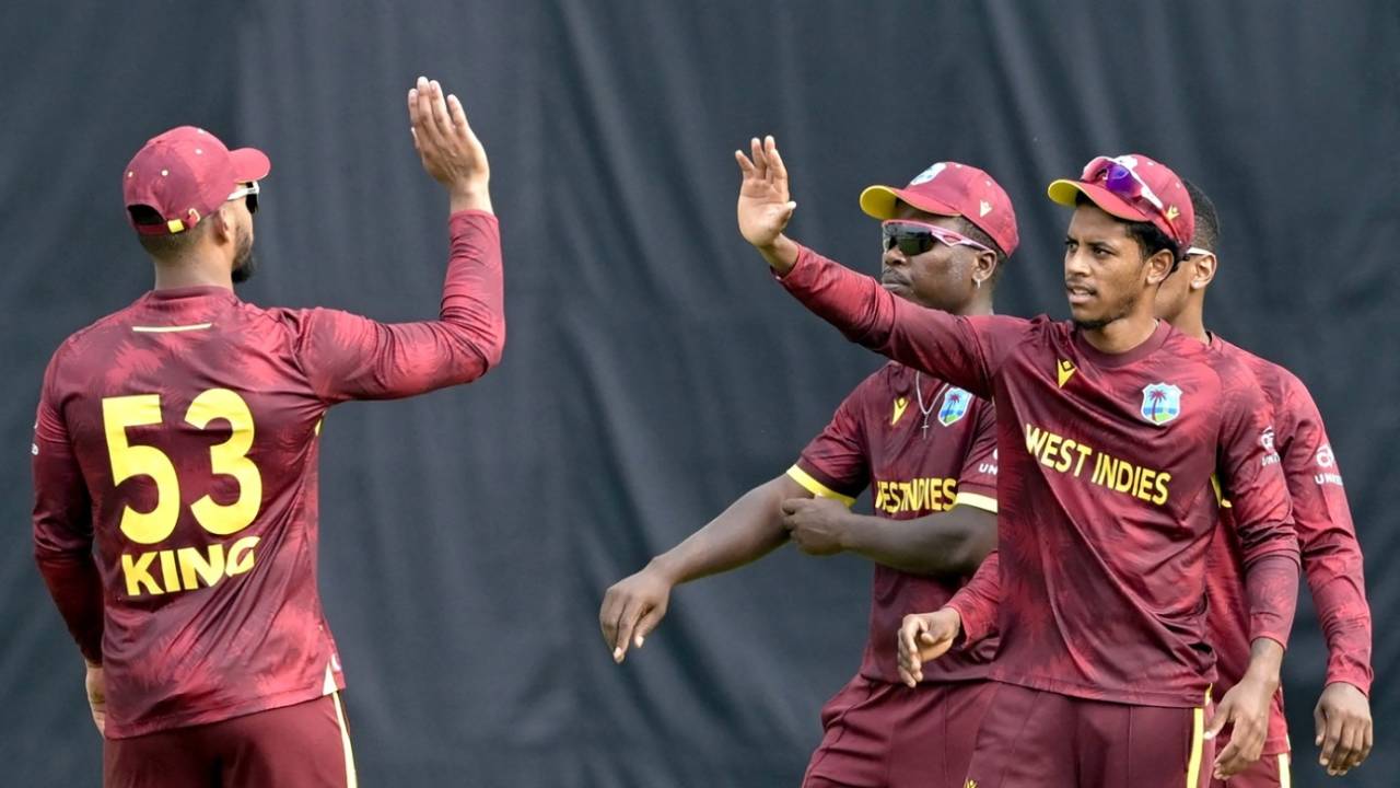 Brandon King and Ackeem Auguste celebrate a wicket, Bangladesh vs West Indies, 3rd ODI, Dhaka, October 23, 2025