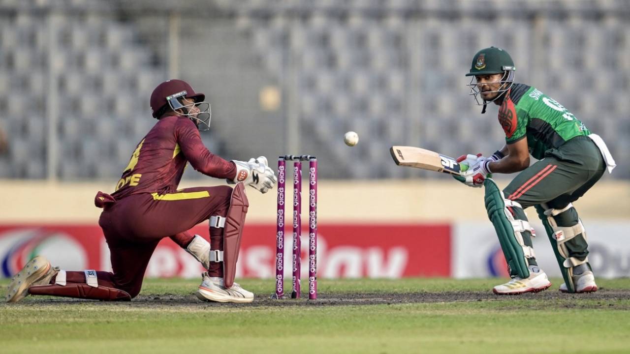 Shai Hope and Najmul Hossain Shanto in the thick of the action, Bangladesh vs West Indies, 3rd ODI, Dhaka, October 23, 2025