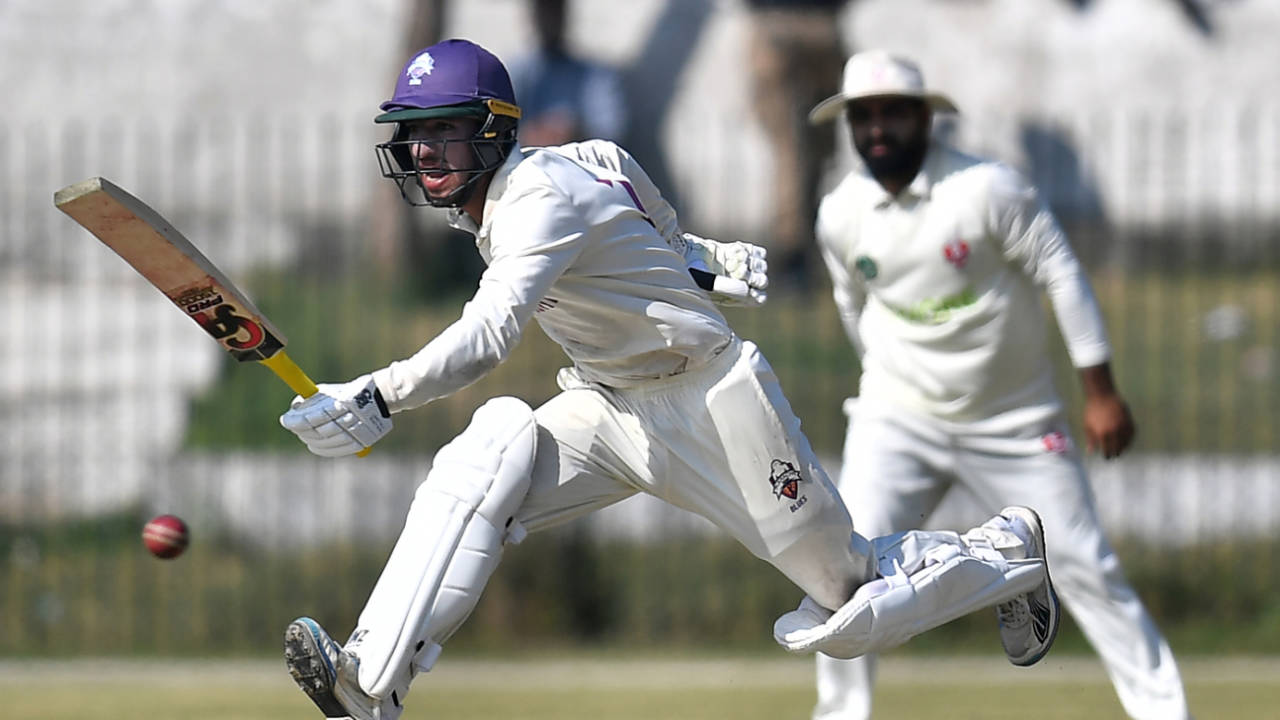 Omair Yousuf reacts after playing a shot, Lahore Region Whites vs Karachi Region Blues, Quaid-e-Azam Trophy, Abbottabad, October 24, 2025