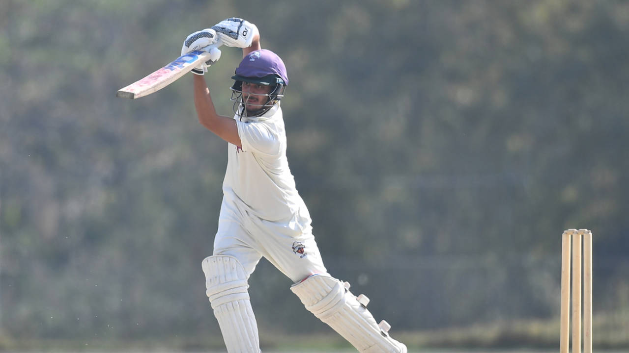 Saad Baig drives a ball during his innings, Lahore Region Whites vs Karachi Region Blues, Quaid-e-Azam Trophy, Abbottabad, October 24, 2025