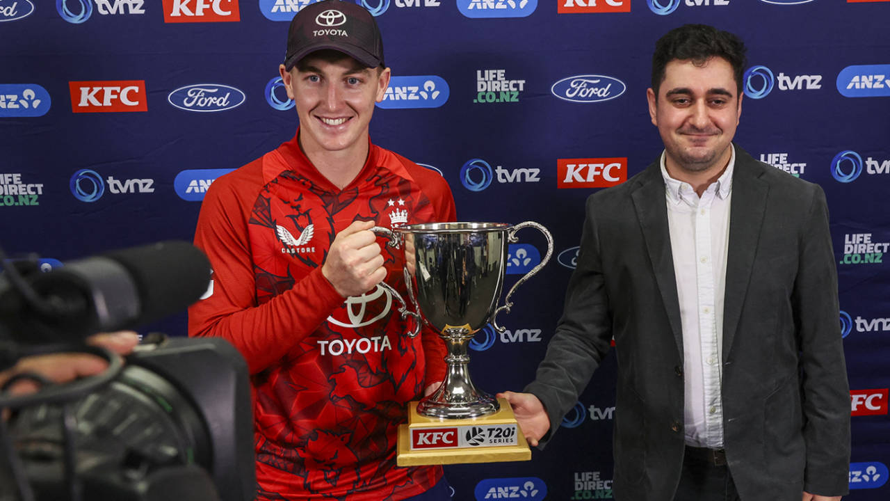 Harry Brook poses with the series trophy, New Zealand vs England, 3rd T20I, Auckland, October 23, 2025