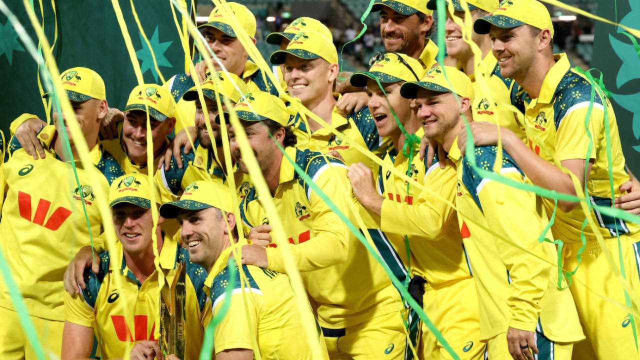 Ribbons fly as Mitchell Marsh and Co get their hands on the series trophy, Australia vs India, 3rd ODI, Sydney, October 25, 2025
