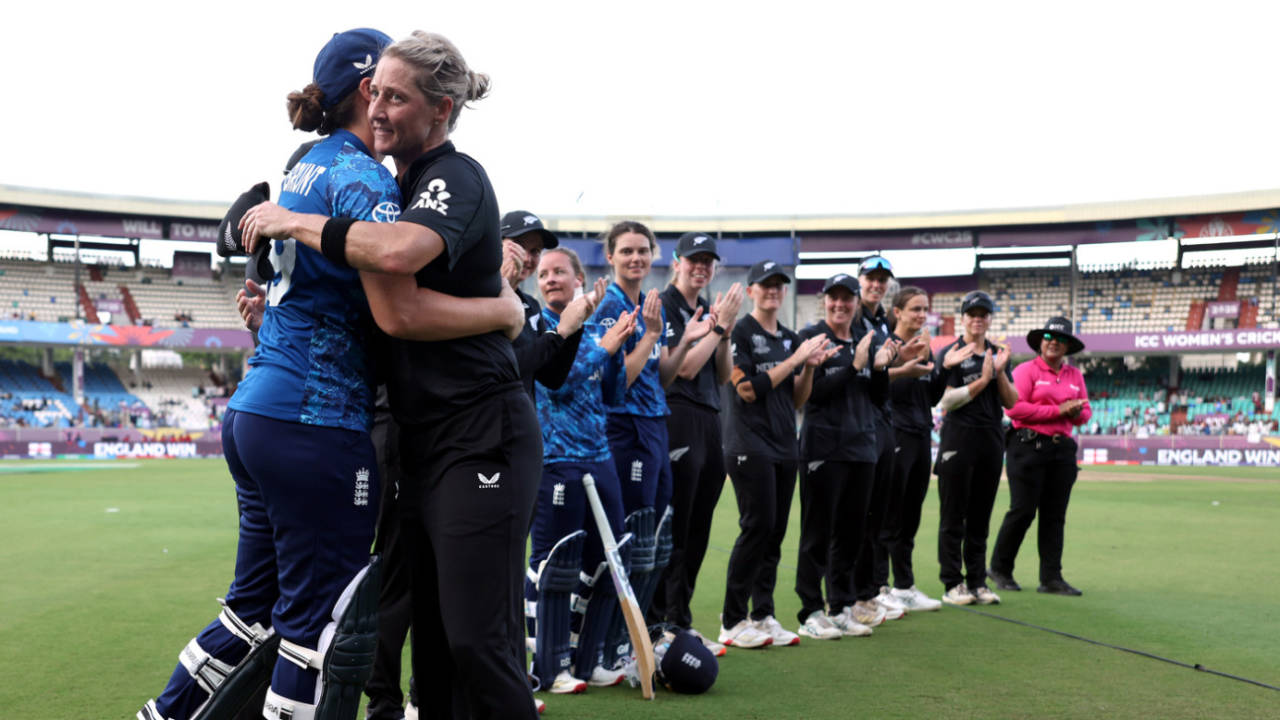 Sophie Devine and Nat Sciver-Brunt embrace at the end of the match, England vs New Zealand, Women's World Cup, Visakhapatnam, October 26, 2025