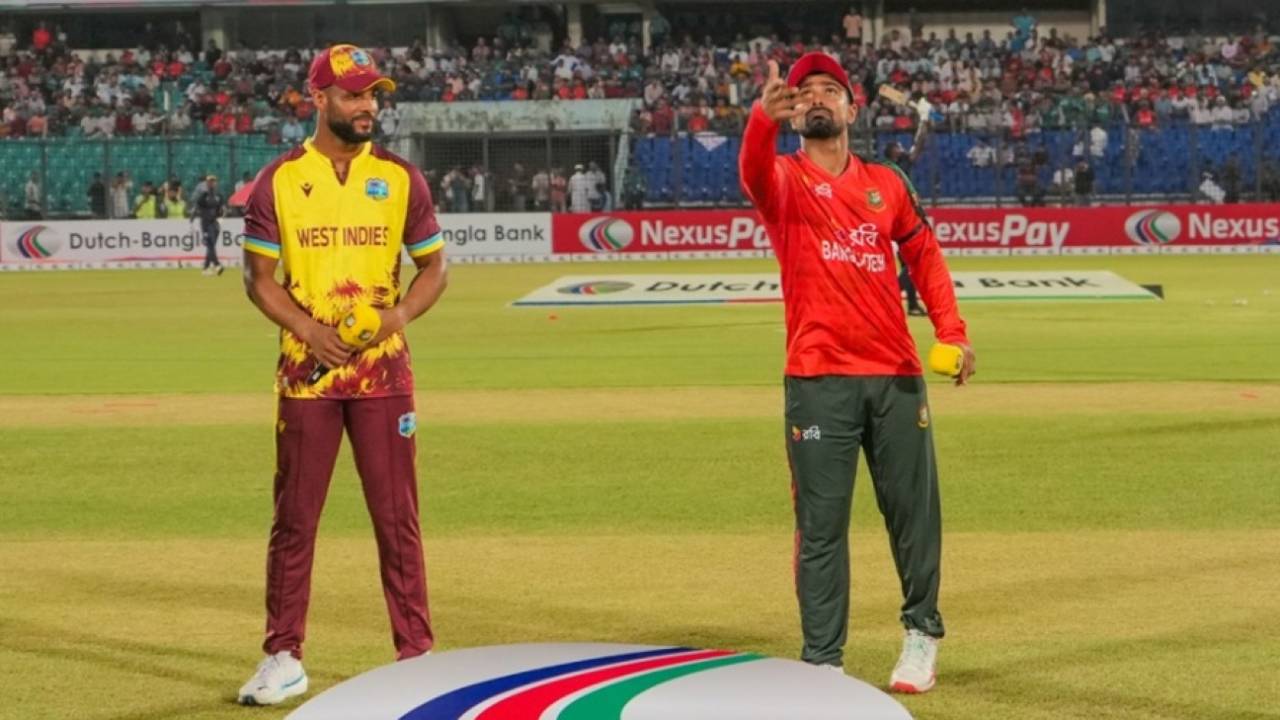 Litton Das and Shai Hope at the toss, Bangladesh vs West Indies, 1st T20I, Chattogram, October 27, 2025