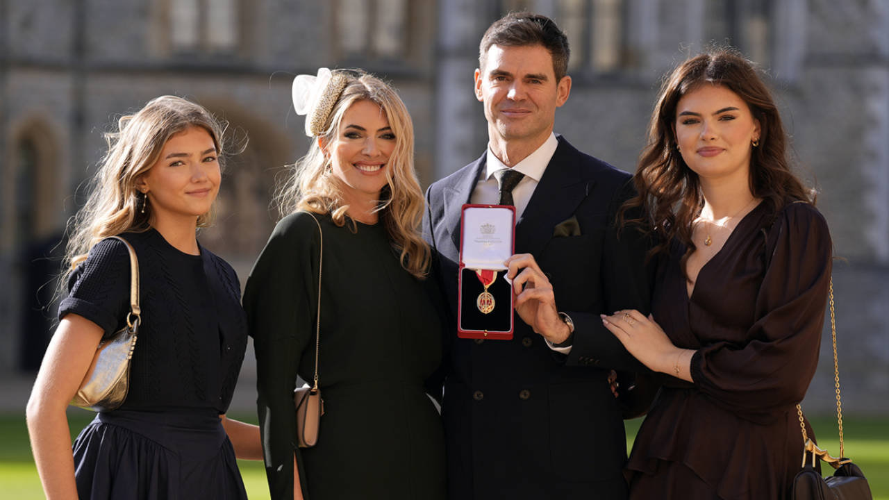 James Anderson with his wife Danielle and daughters Ruby and Lola after being knighted at Windsor Castle, October 28, 2025