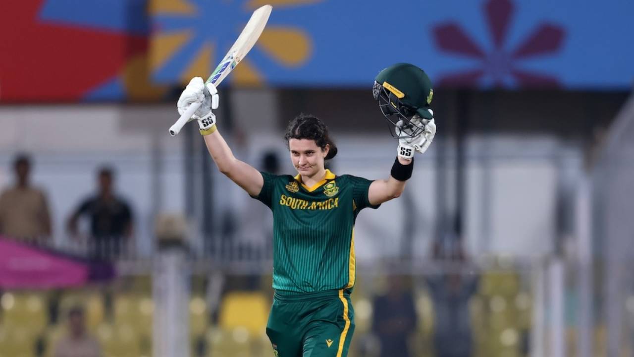 Laura Wolvaardt celebrates her hundred, England vs South Africa, Women's World Cup semi-final, Guwahati, October 29, 2025