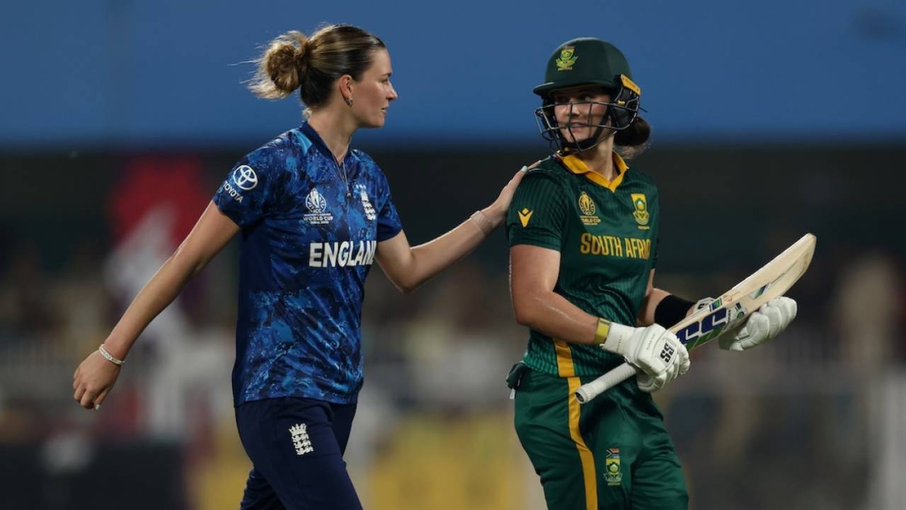 Lauren Bell congratulates Laura Wolvaardt on a terrific innings, England vs South Africa, Women's World Cup semi-final, Guwahati, October 29, 2025