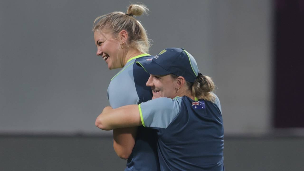 Georgia Voll and Annabel Sutherland share a lighter moment during training, Navi Mumbai, October 29, 2025