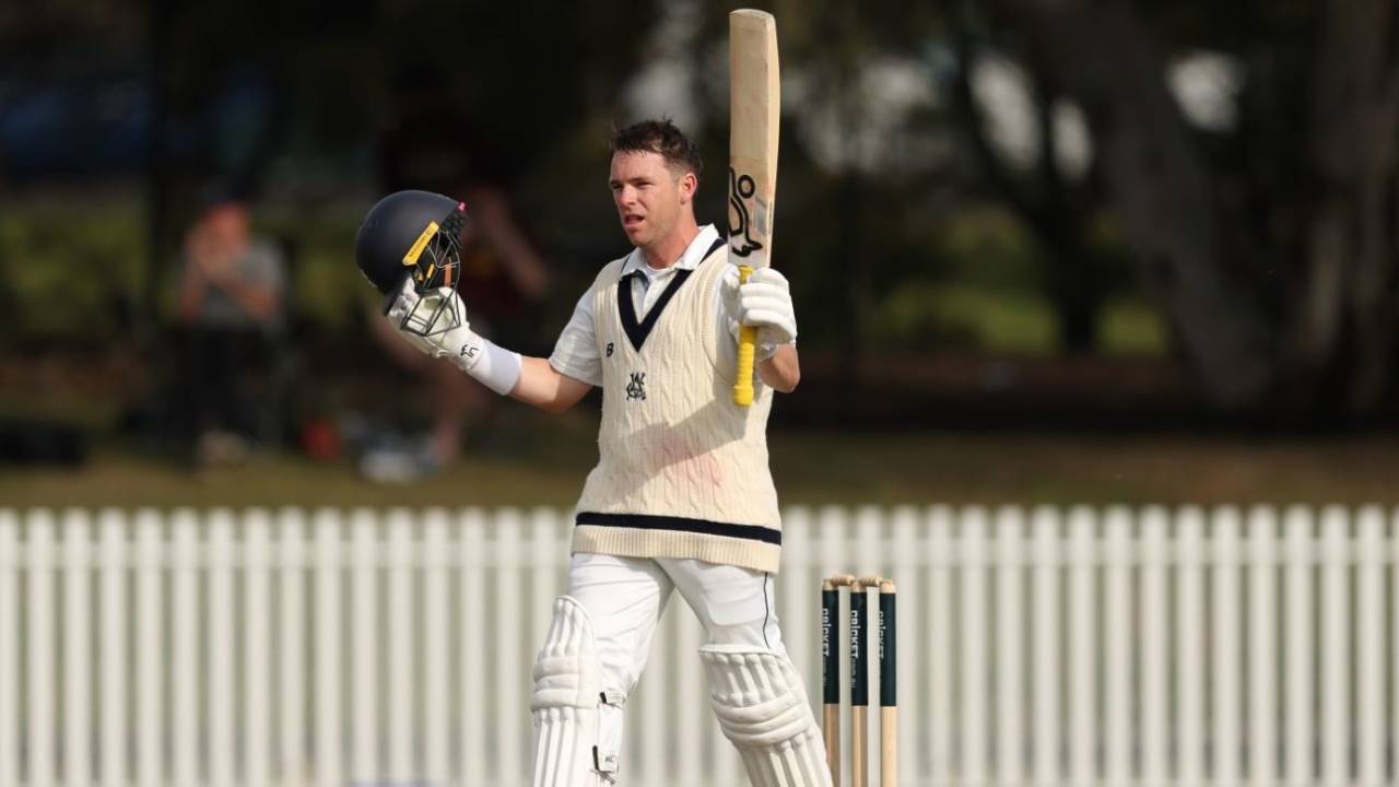 Marcus Harris celebrated his eighth century at the Junction Oval, Victoria vs Tasmania, Melbourne, Sheffield Shield, October 30, 2025