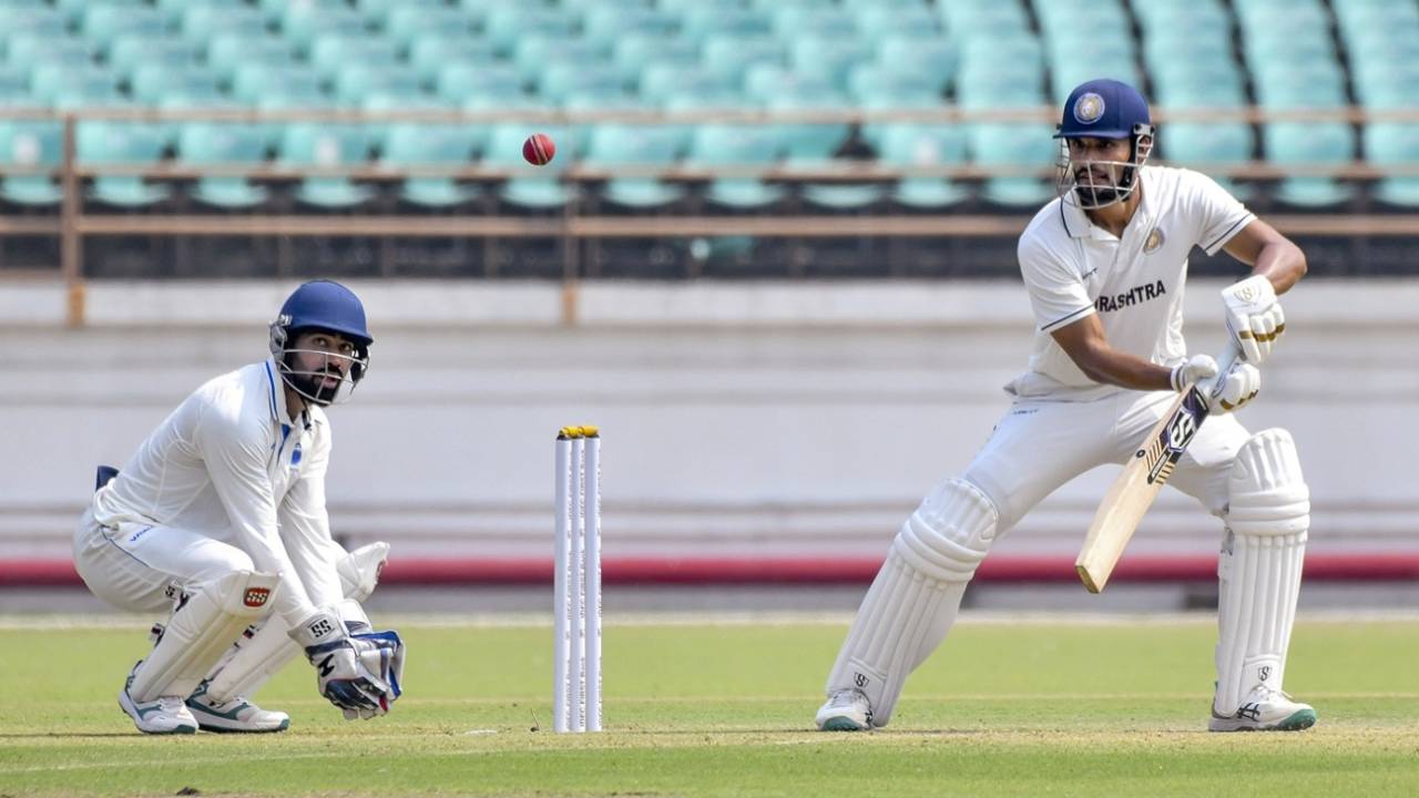 Chirag Jani hits through the off side as Himanshu Mantri looks on, Saurashtra vs Madhya Pradesh, 1st day, Rajkot, Ranji Trophy, October 25, 2025