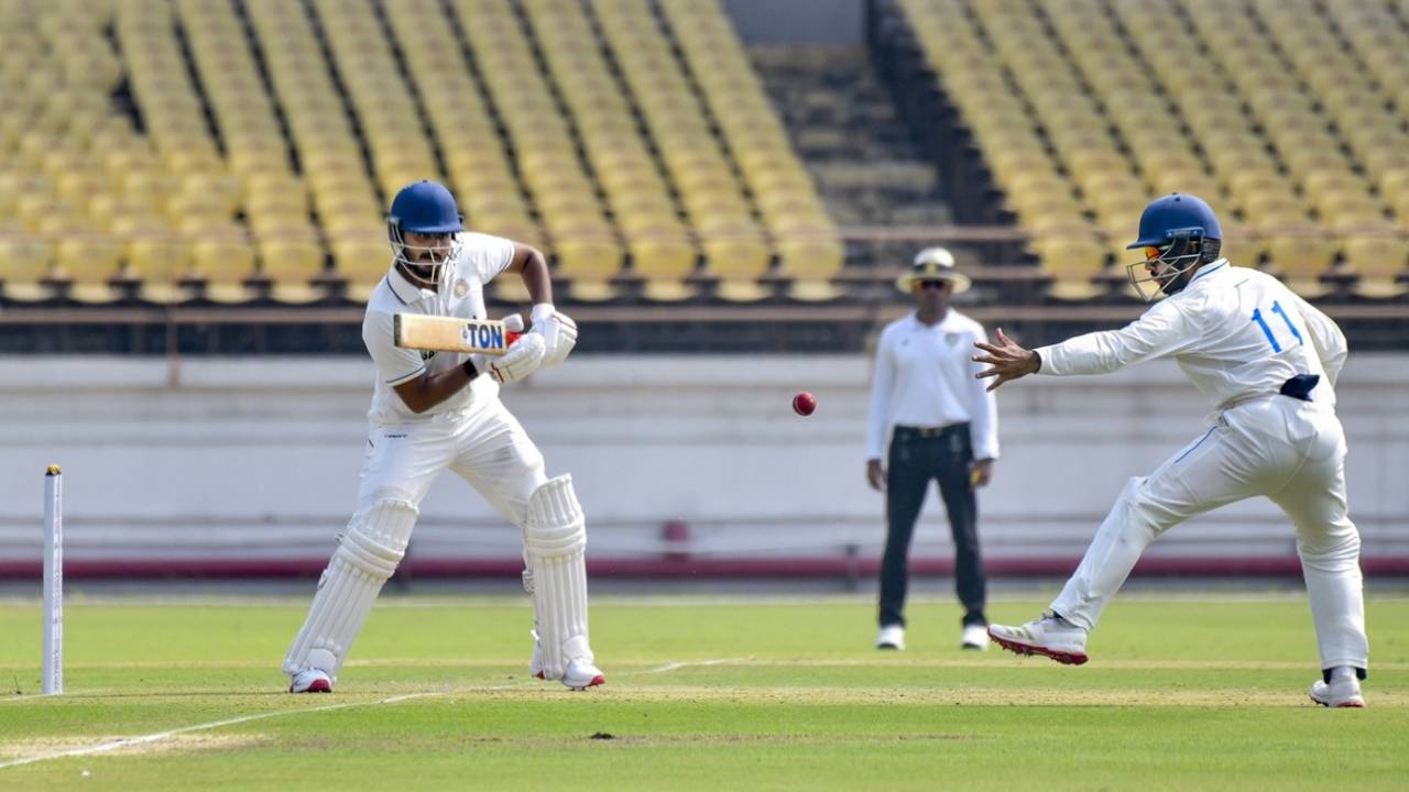 Harvik Desai pushes one through the off side, Saurashtra vs Madhya Pradesh, 1st day, Rajkot, Ranji Trophy, October 25, 2025