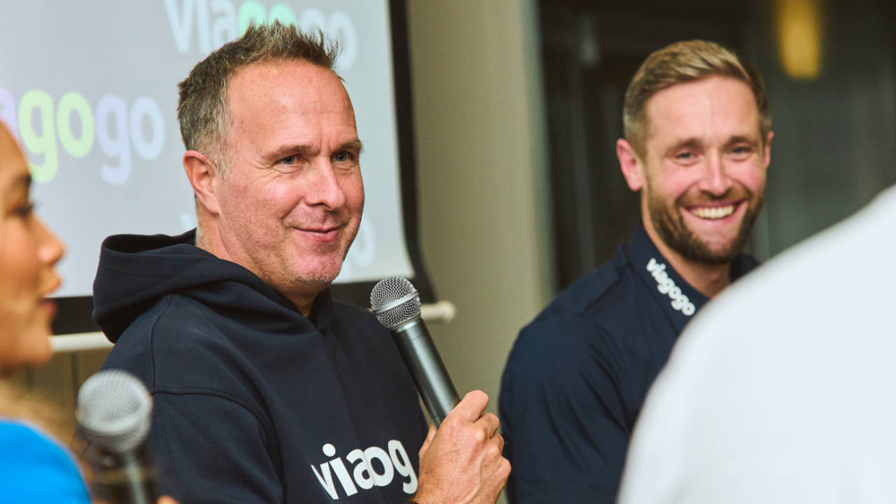 Michael Vaughan and Chris Woakes speak to the media at a Viagogo event in London, October 31, 2025
