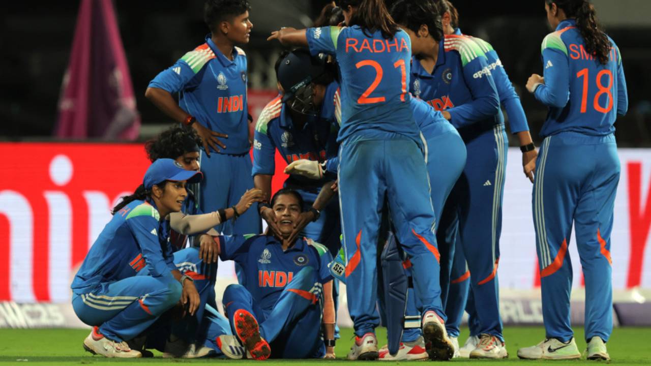 Amanjot Kaur is engulfed by her team-mates after taking a vital catch, India vs South Africa, Women's World Cup final, Navi Mumbai, November 2, 2025
