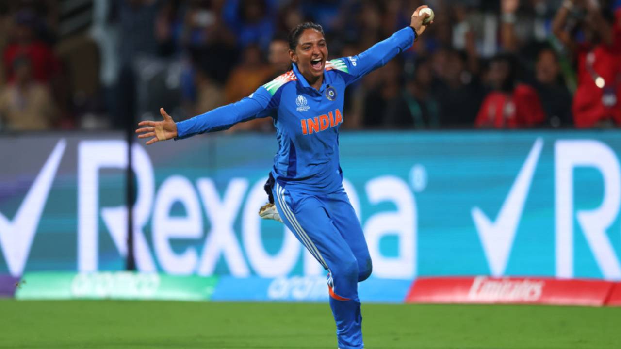 Harmanpreet Kaur sprints off after taking the final catch of the tournament, India vs South Africa, Women's World Cup final, Navi Mumbai, November 2, 2025
