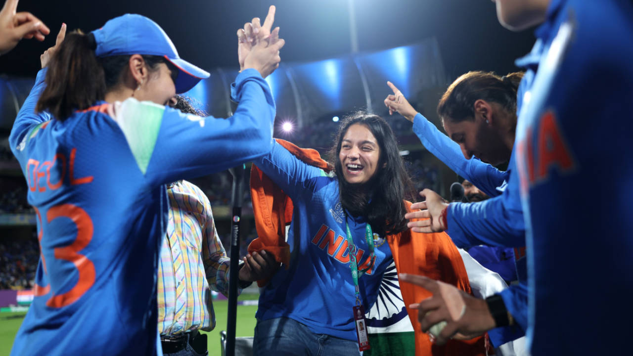 Pratika Rawal gets off her wheelchair to celebrate with her team-mates, India vs South Africa, Women's World Cup final, Navi Mumbai, November 2, 2025
