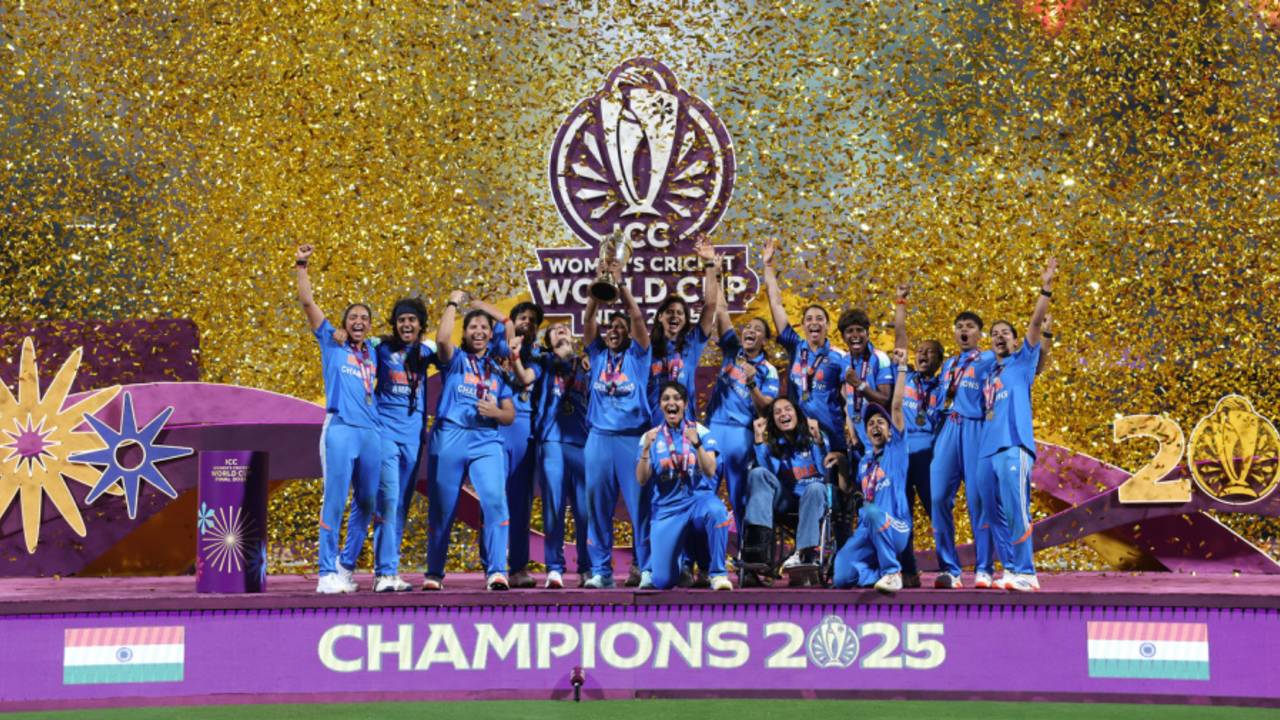 The India team lifts a long-awaited World Cup trophy, India vs South Africa, Women's World Cup final, Navi Mumbai, November 2, 2025

