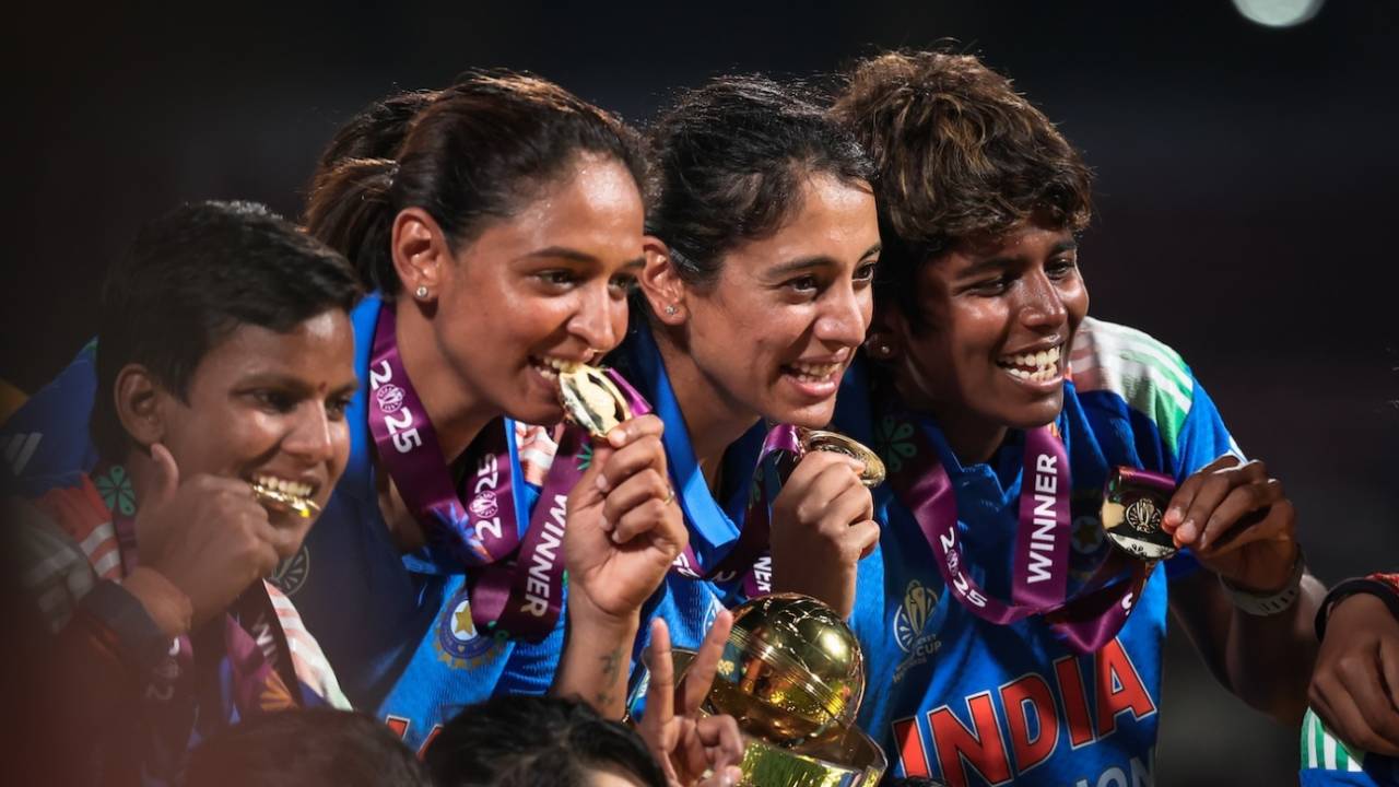 Deepti Sharma, Harmanpreet Kaur, Smriti Mandhana and Arundhati Reddy show off their medals, India vs South Africa, Women's ODI World Cup final, Navi Mumbai, November 2, 2025