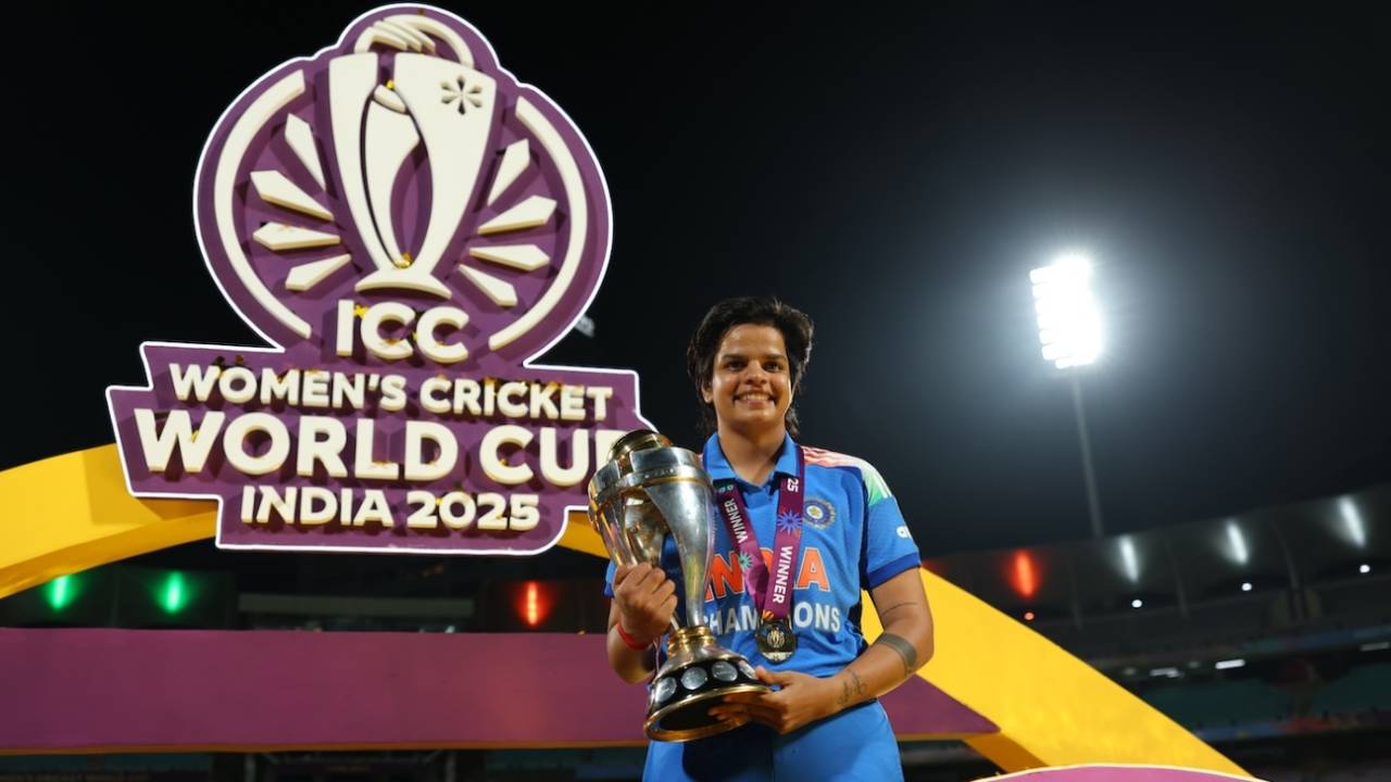 Shafali Verma poses with the World Cup trophy, India vs South Africa, Women's ODI World Cup final, Navi Mumbai, November 2, 2025