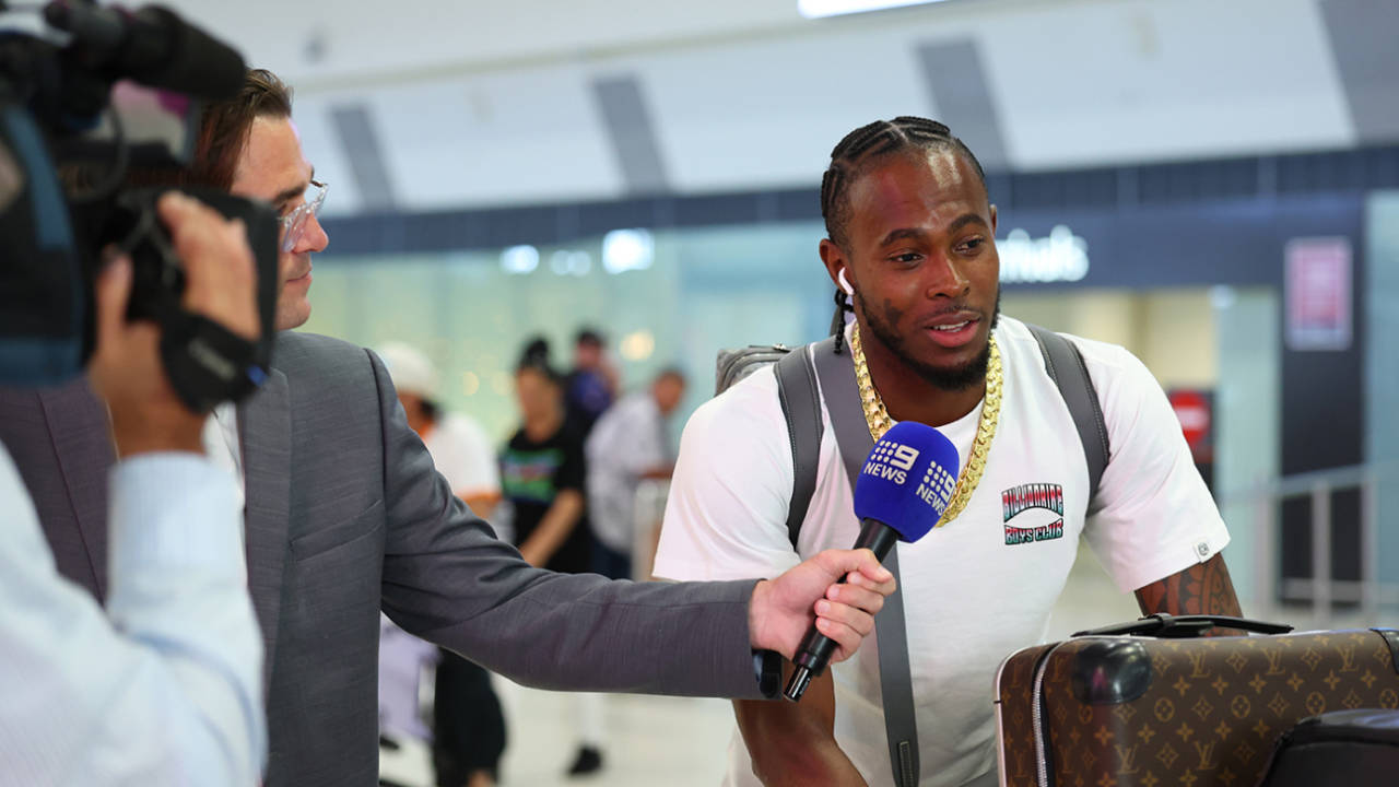 Jofra Archer is interviewed on arrival at Perth international airport, November 3, 2025