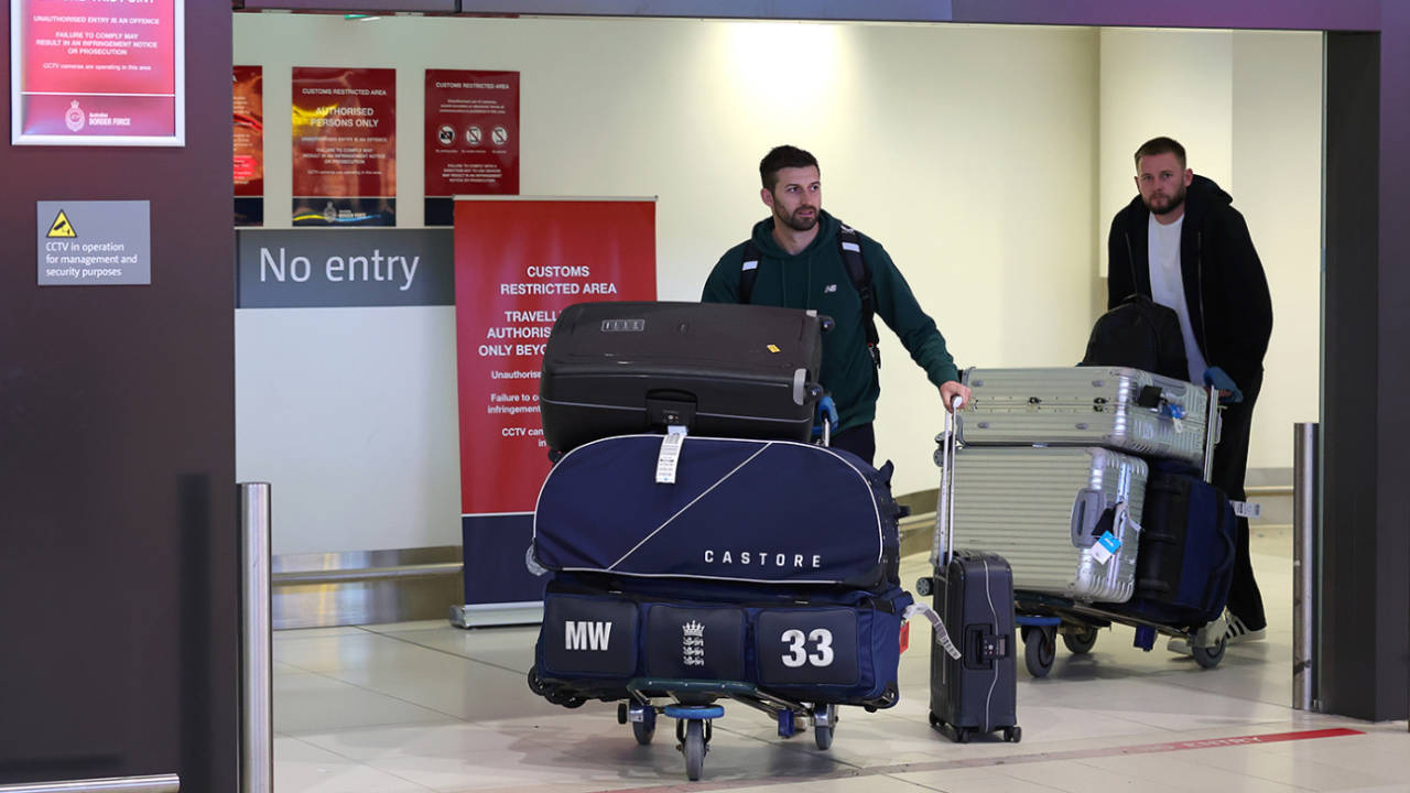 Mark Wood and Gus Atkinson come through arrivals, Perth, November 3, 2025