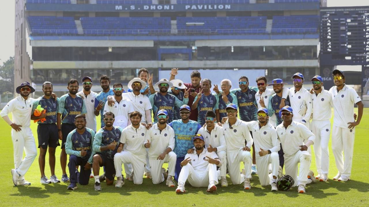 Jharkhand's players and staff get together after handing Nagaland an innings defeat, Jharkhand vs Nagaland, 4th day, Ranji Trophy 2025-26, November 4, 2025