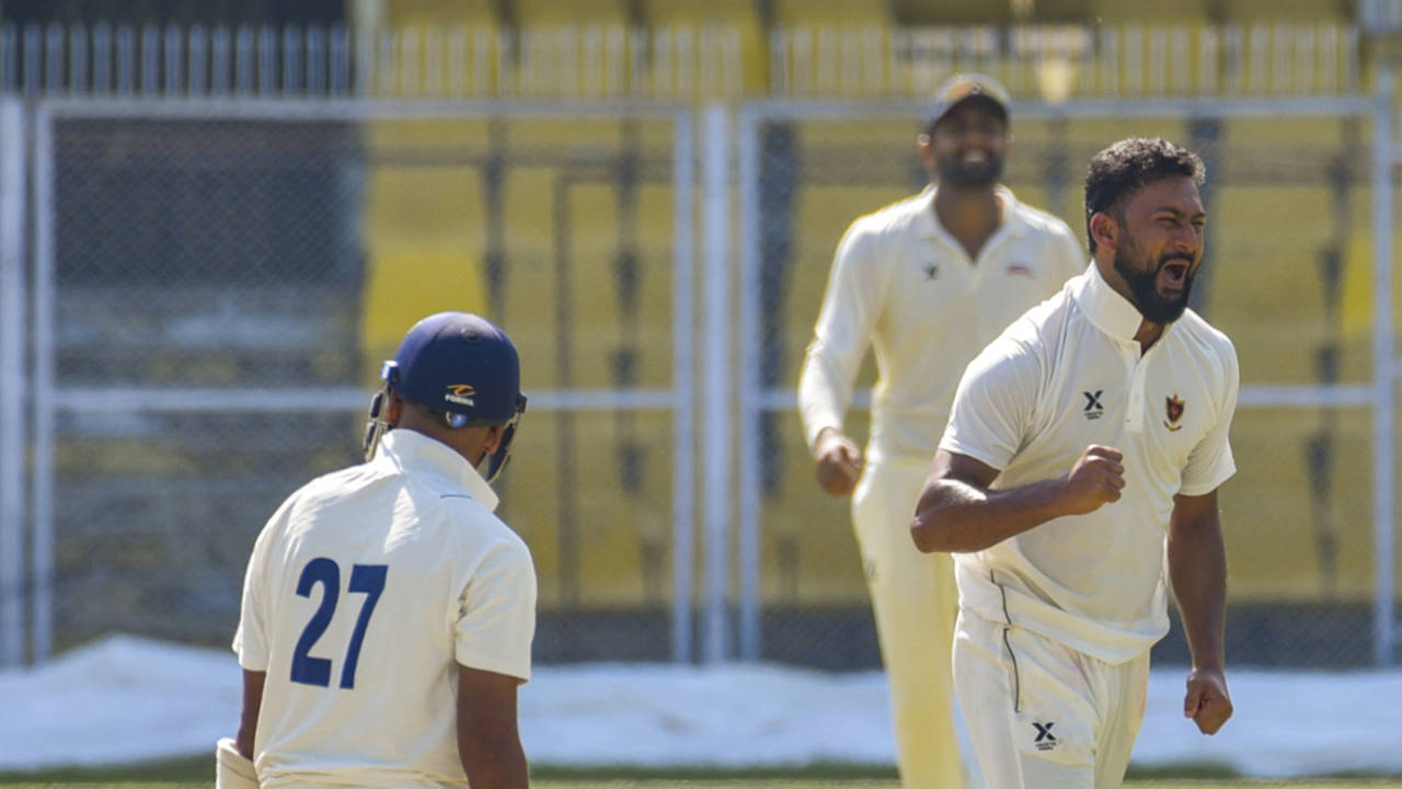 Adarsh Singh celebrates after taking a wicket, Assam vs Railways, Ranji Trophy 2025-26, 4th day, Guwahati, November 4, 2025