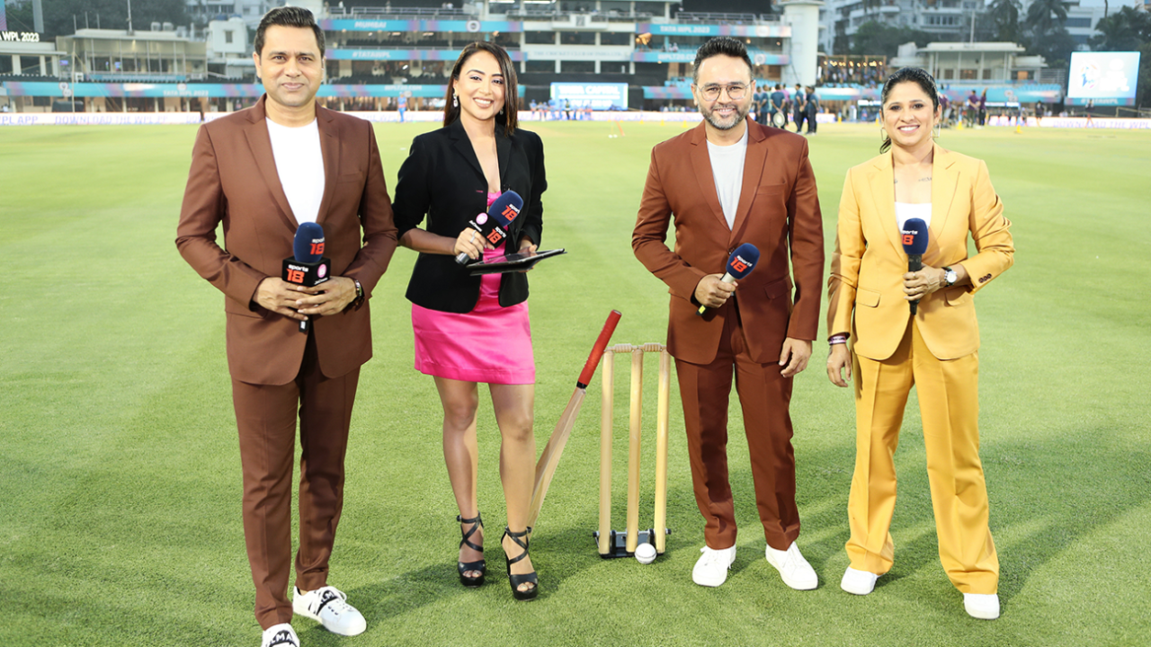 Aakash Chopra, Ridhima Pathak, Parthiv Patel and Reema Malhotra are part of the television broadcast for the WPL match, Mumbai Indians vs Royal Challengers Bangalore, WPL 2023, Mumbai, March 6, 2023