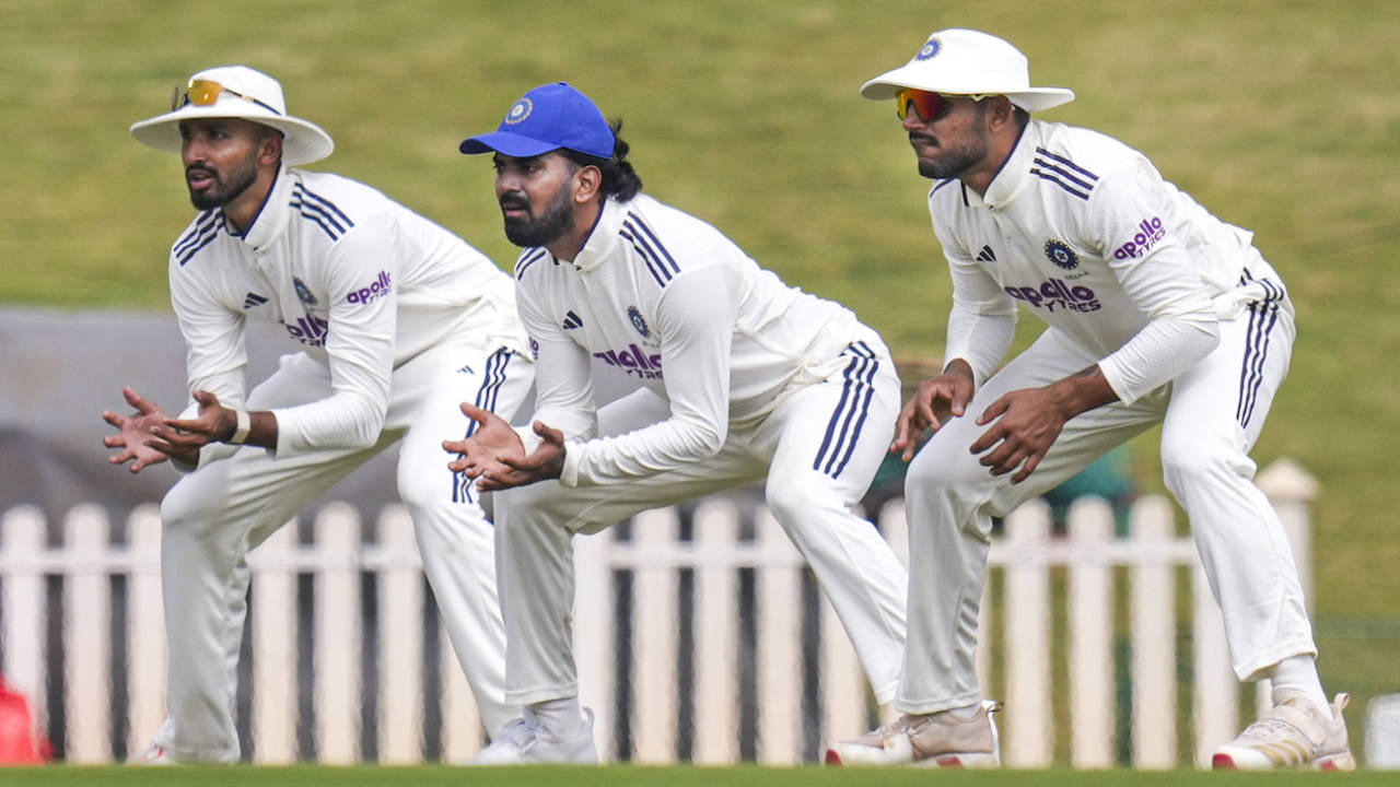 Devdutt Padikkal, KL Rahul, and Dhruv Jurel get set in the cordon, India A vs South Africa A, 2nd unofficial Test, 2nd day, Bengaluru, November 7, 2025
