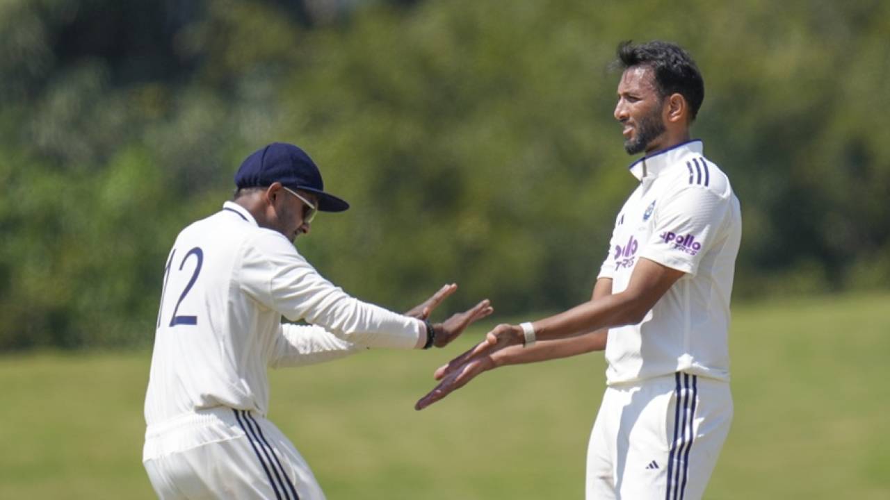 Prasidh Krishna celebrates a wicket, India A vs South Africa A, 2nd unofficial Test, 4th day, Bengaluru, November 9, 2025