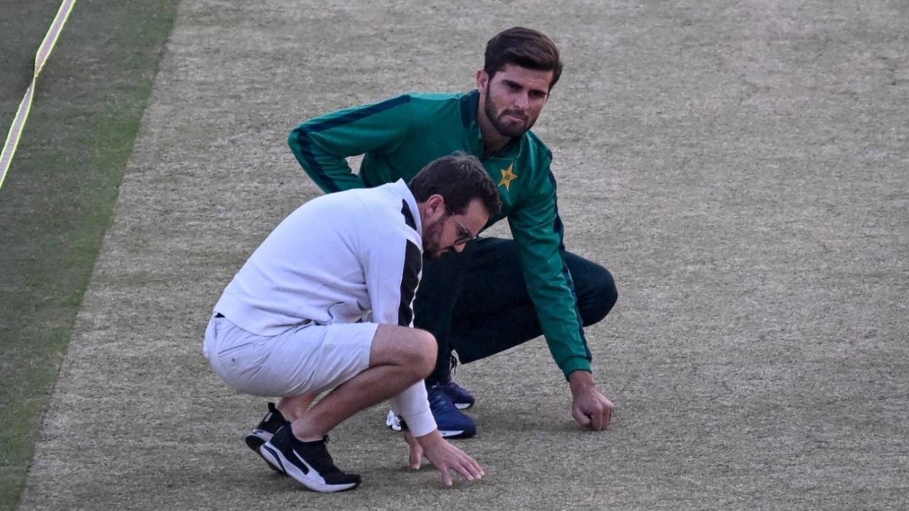 Shaheen Shah Afridi and Mike Hesson have a look at the Rawalpindi pitch, Rawalpindi, November 10, 2025