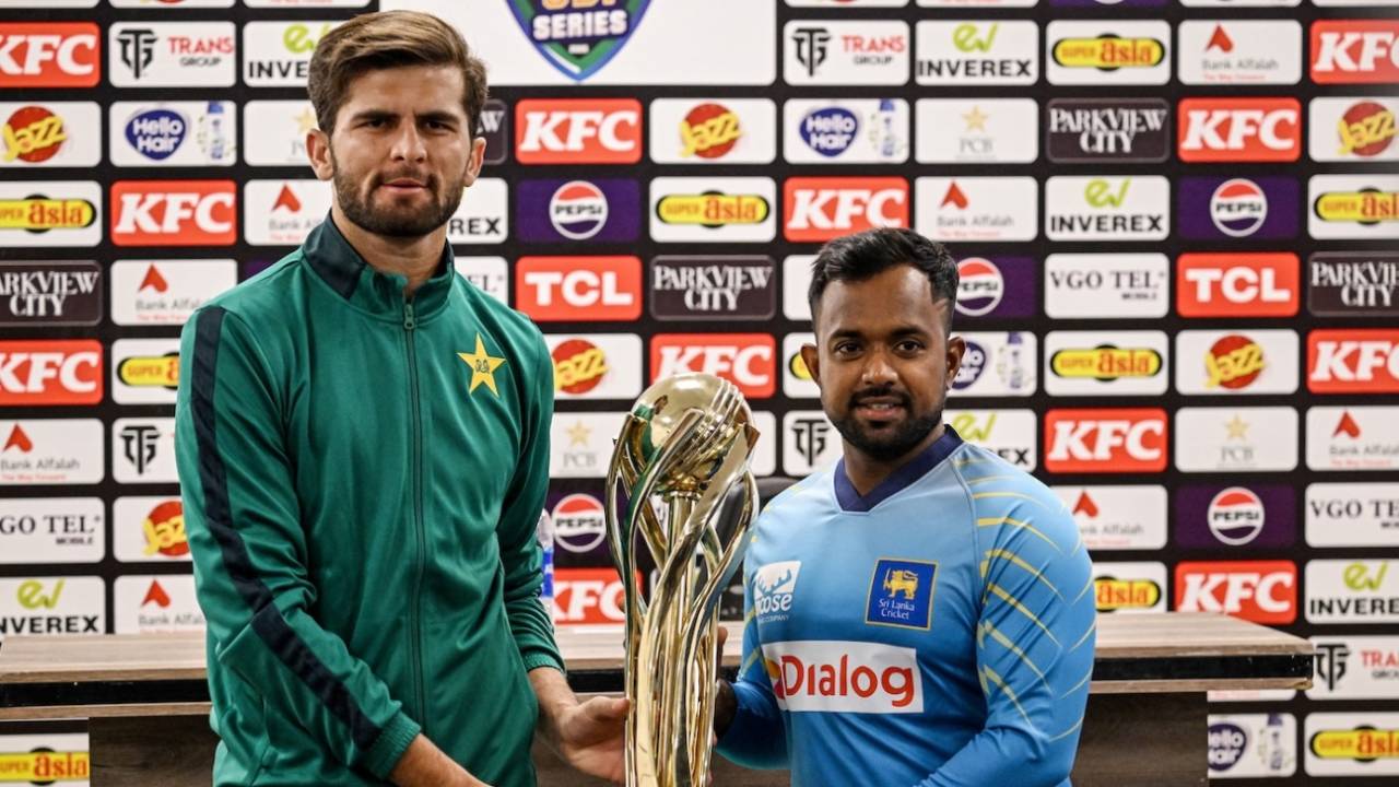 Shaheen Shah Afridi and Charith Asalanka pose with the ODI series trophy, Rawalpindi, November 10, 2025