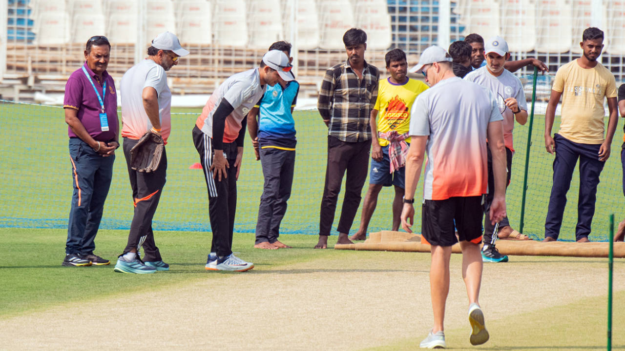 Sitanshu Kotak, Shubman Gill, Morne Morkel and Gautam Gambhir have a look at the pitch, Kolkata, November 11, 2025