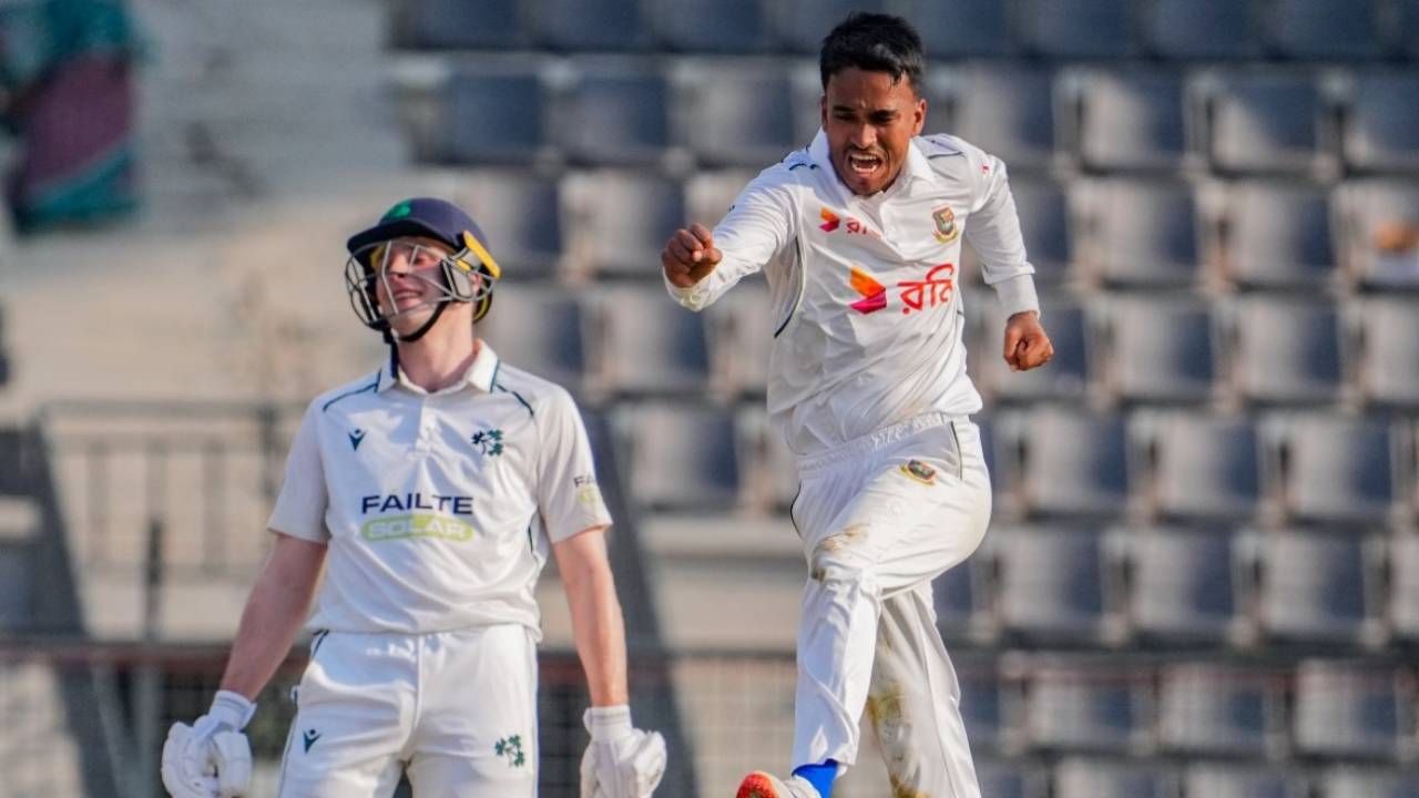 Hasan Murad celebrates his maiden Test wicket, Bangladesh vs Ireland, 1st Test, Sylhet, November 11, 2025