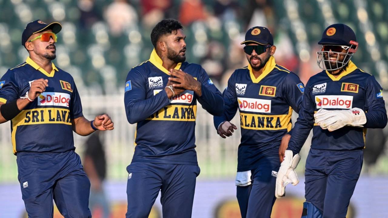Wanindu Hasaranga celebrates Mohammad Rizwan's wicket, Pakistan vs Sri Lanka, 1st ODI, Rawalpindi, November 11, 2025