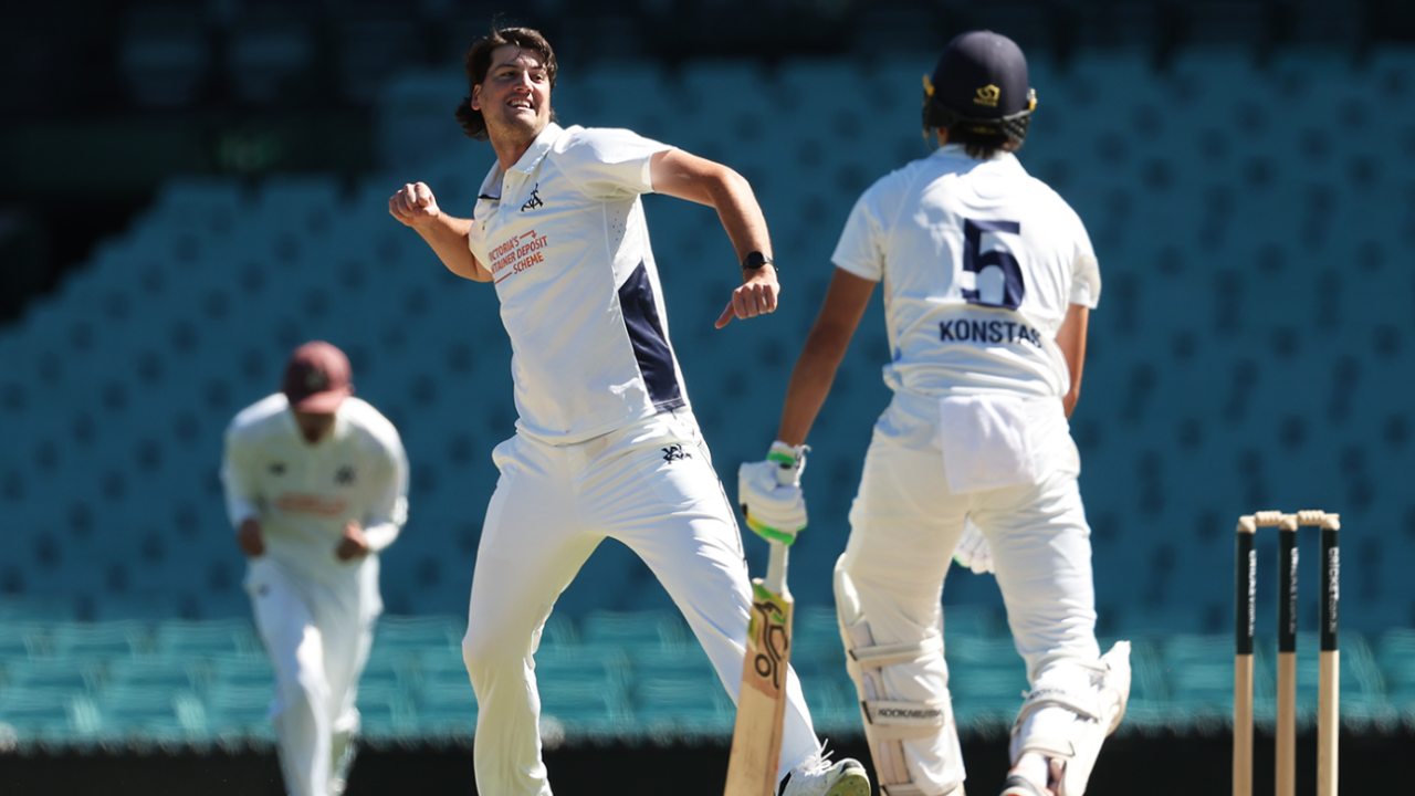 Sam Elliott celebrates the wicket of Sam Konstas, New South Wales vs Victoria, Sheffield Shield, SCG, November 12, 2025