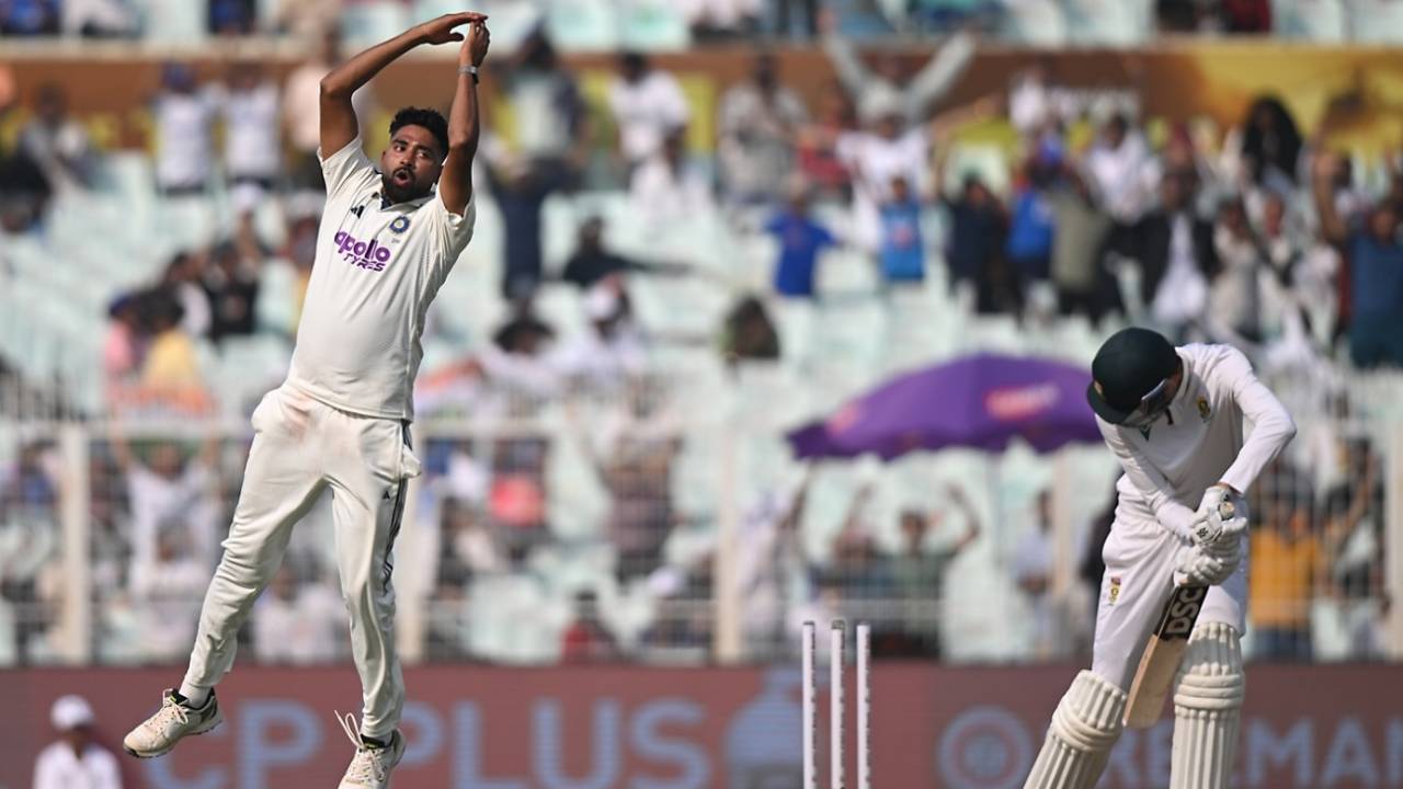 Mohammed Siraj celebrates after cleaning up Marco Jansen, India vs South Africa, 1st Test, Kolkata, 1st day, November 14, 2025